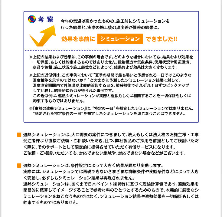 【考察】今年の気温は高かったものの、施工前にシミュレーションを行った結果と、実際の施工後の温度差が僅差の結果に。効果を事前に「シミュレーション」できました!!（※上記の結果および効果は、この事例の場合です。どのような場合においても、結果および効果を一切保証、もしくは約束するものではありません。建物構造や気象条件、使用状況や周辺環境、商品や色相、施工状況や施工部位などによって、結果および効果は大きく変わります。※上記の近似例は、この事例において“夏季の期間で最も暑いと予想される一日ではこのような温度推移を示すのではないか？”と大まかに予測したシミュレーション結果に対して、温度測定期間内で外気温が比較的近似する日を、塗装前後でそれぞれ１日ずつピックアップして比較し、結果的に近似が得られた事例です。この近似例は、遮熱シミュレーションが実際と近似もしくは相関することを一切保証もしくは約束するものではありません。※『事前の遮熱シミュレーション』は、「特定の一日」を想定したシミュレーションではありません。「指定された特定条件の一日」を想定したシミュレーションをおこなうことはできません。）（■遮熱シミュレーションは、大口需要の案件につきまして、法人もしくは法人格のお施主様・工事発注者様より直接ご依頼・ご相談いただき、且つ、弊社製品のご採用を前提としてご検討いただく際に、そのサポートとして限定的に提供させていただく有償サービスになります。ご依頼・ご相談いただいても、対応できない地域や、対応できない場合などがございます。■遮熱シミュレーションは、条件設定によって大きく結果が異なり変動します。実際には、シミュレーションでは再現できないさまざまな詳細条件や変動条件などによって大きく変動し、必ずしもシミュレーション結果は再現されません。遮熱シミュレーションは、あくまで日本ペイント株特許に基づく理論計算値であり、遮熱効果を簡易的に概算してイメージすることで参考材料のひとつとするためのもので、本義的に厳密なシミュレーションをおこなうものではなく、シミュレーション結果や遮熱効果を一切保証もしくは約束するものではありません。）