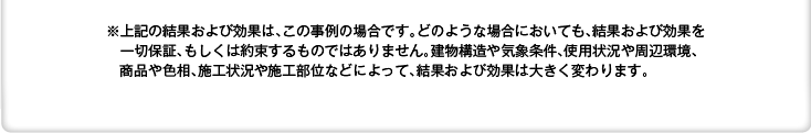 ※上記の結果および効果は、この事例の場合です。どのような場合においても、結果および効果を一切保証、もしくは約束するものではありません。建物構造や気象条件、使用状況や周辺環境、商品や色相、施工状況や施工部位などによって、結果および効果は大きく変わります。